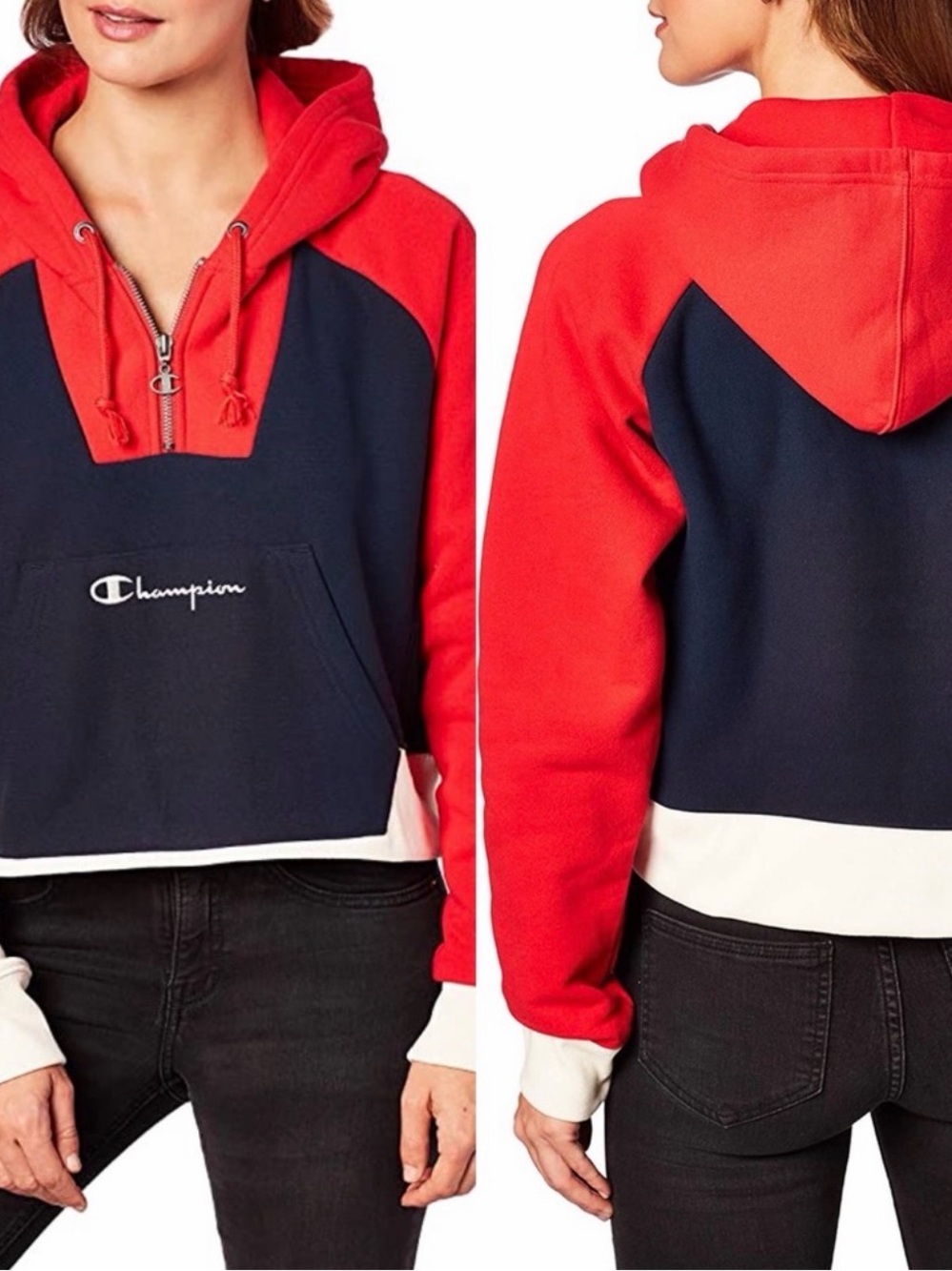 Champion Colorblock Red, white & Navy Half-Zip Crop Hoodie